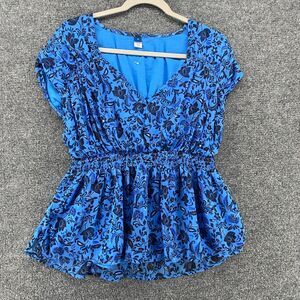 Old Navy Top Womens M Blue Floral V-Neck Babydoll Ruffle‎ Fairy Cottagecore Boho